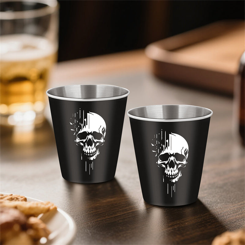 Gothic Whiskey Shot Glasses,Set of 2 Stainless Steel Skull Head Printed Small Tequila Liquor Cup,Bar Party Drinking Cup,Halloween Gift for Men
