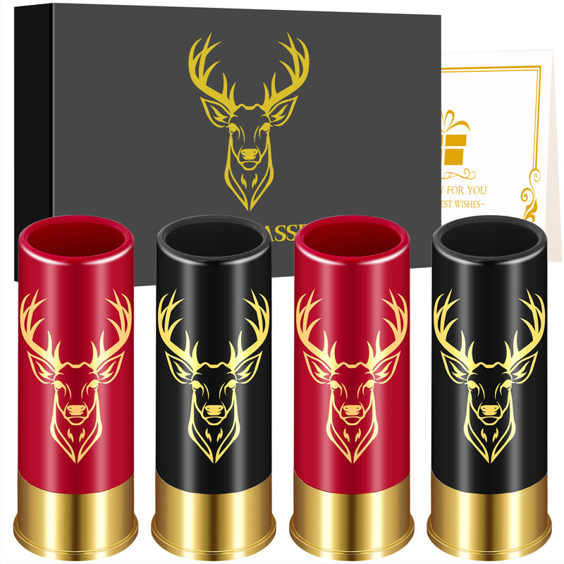12 Gauge Shotgun Shell Shot Glasses Set of 4, Gold Deer Head Engraved Stainless Steel Whiskey Cups with Luxury Gift Box, Hunting Gifts for Men