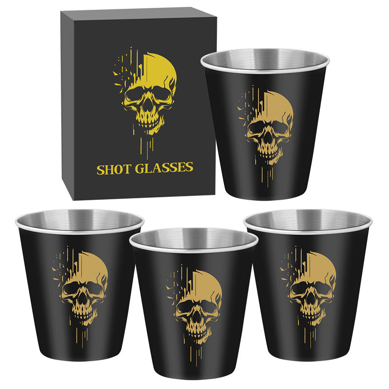 4pcs/set Stainless Steel Shot Glasses with Skull Designs,70Ml/2.39Oz Capacity Whiskey Glasses,Suitable for Kitchen, Restaurant, Bar Parties,Outdoor Picnic,Hunting,Ideal for Tequila, Vodka, Liqueurs,Creative Gifts for Father's Day, Halloween and Christmas