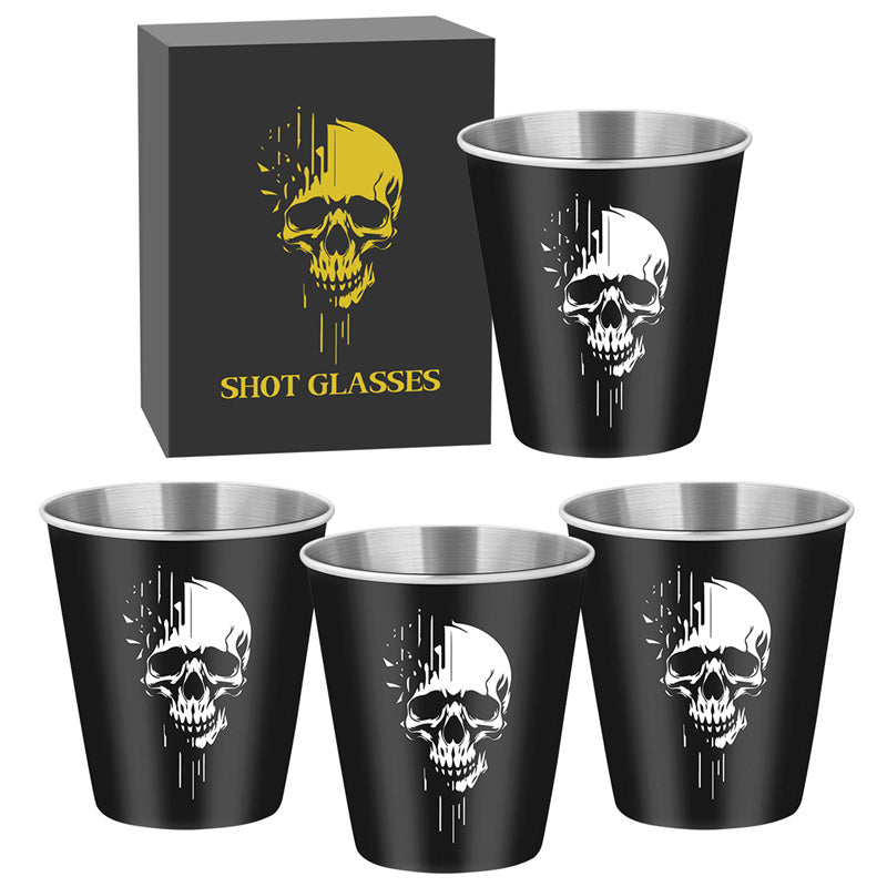 4pcs/set Stainless Steel Shot Glasses with Skull Designs,70Ml/2.39Oz Capacity Whiskey Glasses,Suitable for Kitchen, Restaurant, Bar Parties,Outdoor Picnic,Hunting,Ideal for Tequila, Vodka, Liqueurs,Creative Gifts for Father's Day, Halloween and Christmas