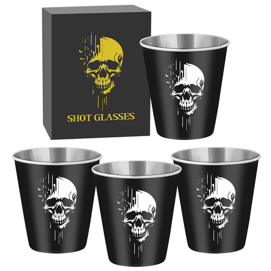 4pcs/set Stainless Steel Shot Glasses with Skull Designs,70Ml/2.39Oz Capacity Whiskey Glasses,Suitable for Kitchen, Restaurant, Bar Parties,Outdoor Picnic,Hunting,Ideal for Tequila, Vodka, Liqueurs,Creative Gifts for Father's Day, Halloween and Christmas