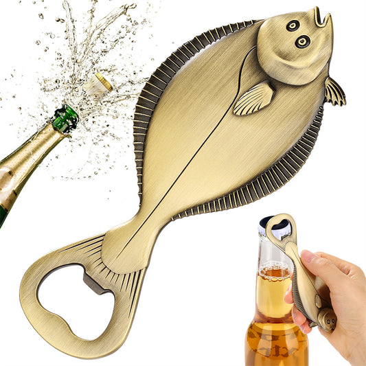 Antique bronze flounder fish shaped bottle opener, vintage metal beer opener for coastal bar decor