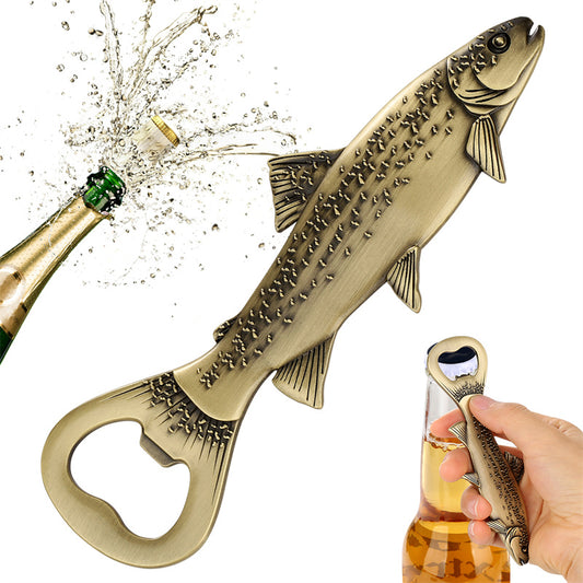Antique bronze trout fish shaped bottle opener with realistic spotted details, vintage metal beer opener for bar decor