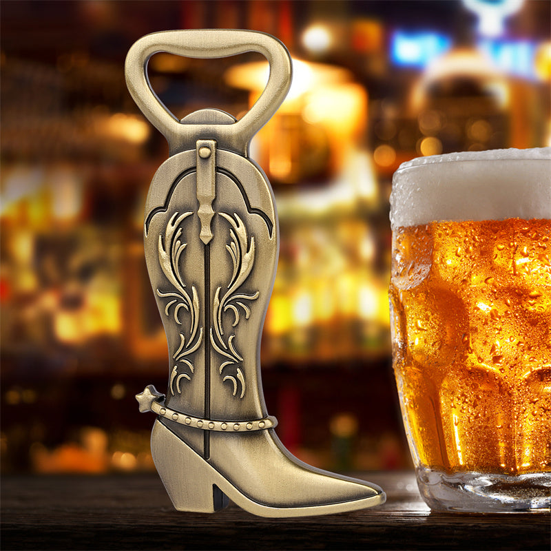 Antique cowboy boot shaped bottle opener, ornate western metal beer opener for country bar decor