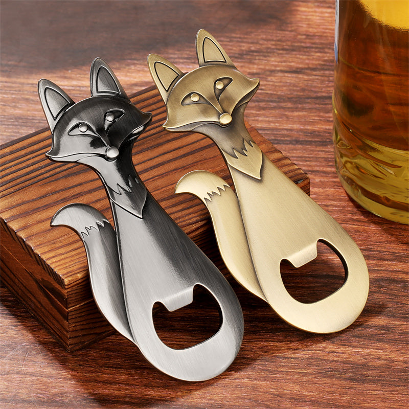 Antique fox shaped bottle opener, stylized woodland animal metal beer opener for bar decor