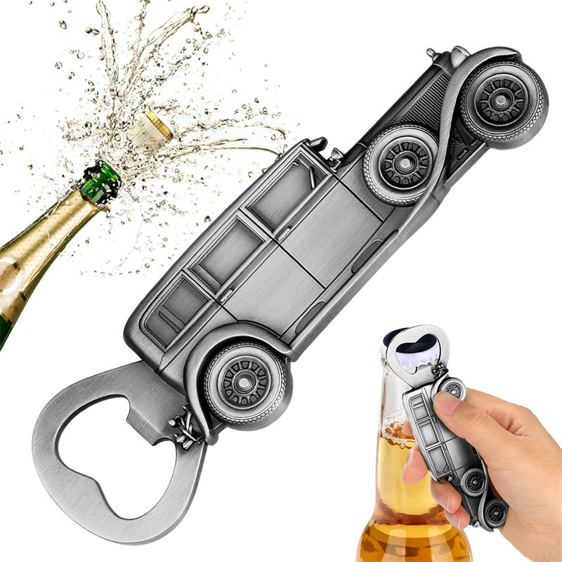 Antique silver vintage car shaped bottle opener, detailed classic automobile metal beer opener for bar decor