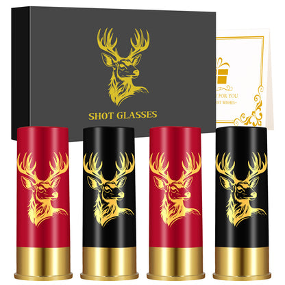 Deer shot glass set with gift box, 4pcs red black bullet shaped drinking glasses with golden deer antler design