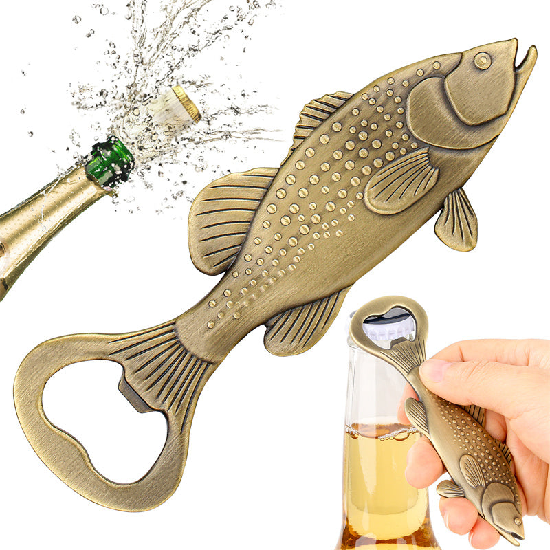 Fish shaped metal bottle opener, rustic nautical barware for fishing enthusiasts