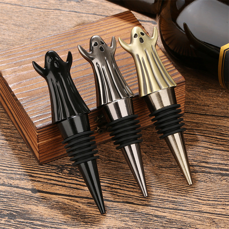 Ghost wine bottle stopper set in black, gold and silver finishes, metal Halloween wine preserver