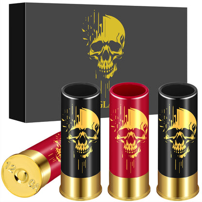 Halloween skull shot glasses set, gothic bullet-shaped tumblers in red and black finishes