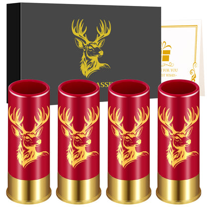 Hunting deer shot glasses set, rugged bullet-shaped tumblers in red and black finishes with gold deer print