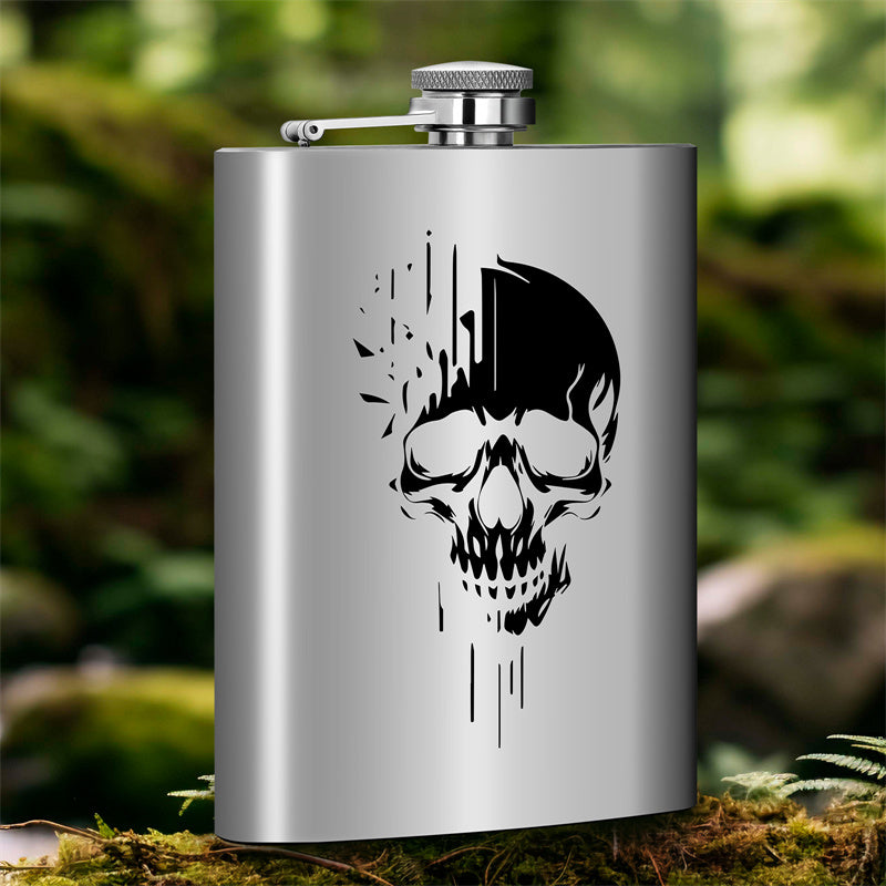 8oz Stainless Steel Hip Flask with Funnel,Skull Head Pattern Wine Pot,Portable Leak-Proof Alcohol Flask for White Liquor Tequila Whiskey, Men's Gift