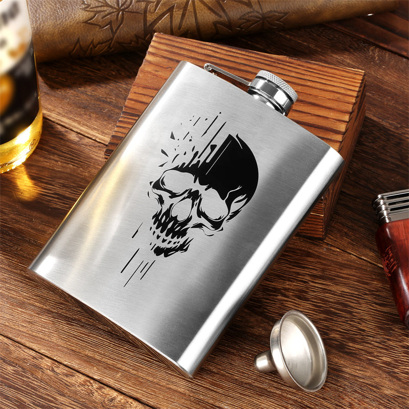 8oz Stainless Steel Hip Flask with Funnel,Skull Head Pattern Wine Pot,Portable Leak-Proof Alcohol Flask for White Liquor Tequila Whiskey, Men's Gift