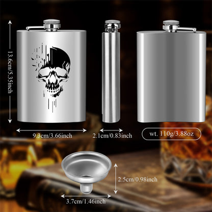 8oz Stainless Steel Hip Flask with Funnel,Skull Head Pattern Wine Pot,Portable Leak-Proof Alcohol Flask for White Liquor Tequila Whiskey, Men's Gift
