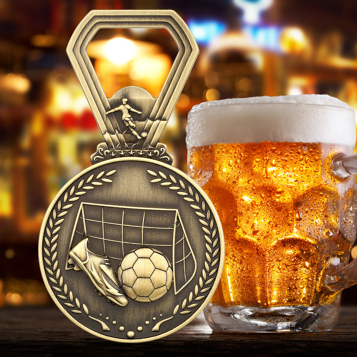 Soccer Medal Bottle Opener, Football Award Beer Opener, Sports Themed Bar Tool & Gift for Soccer Players, Coaches, Fans