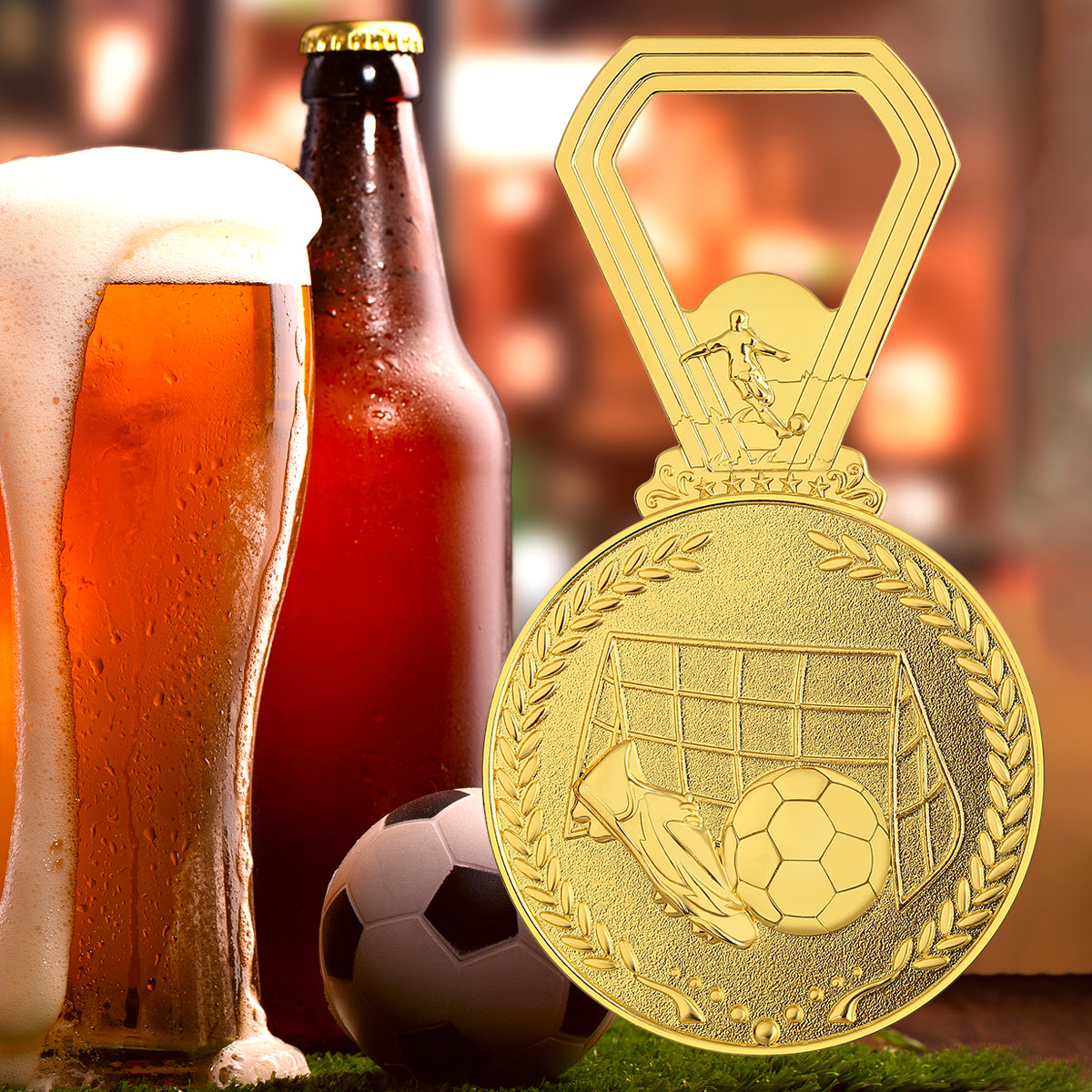 Soccer Medal Bottle Opener, Football Award Beer Opener, Sports Themed Bar Tool & Gift for Soccer Players, Coaches, Fans