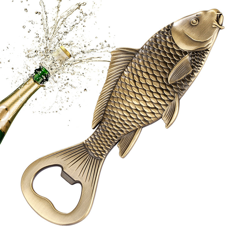 Novelty carp fish bottle opener in antique bronze finish, perfect gift for fishermen and beer lovers
