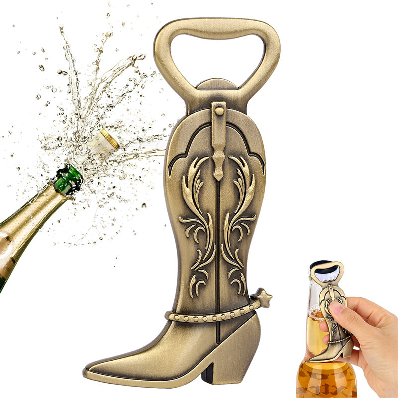 Novelty cowboy boot bottle opener in antique bronze, perfect gift for western lovers and beer enthusiasts