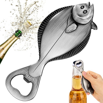 Novelty flounder fish bottle opener in antique bronze finish, perfect gift for fishermen and beer lovers