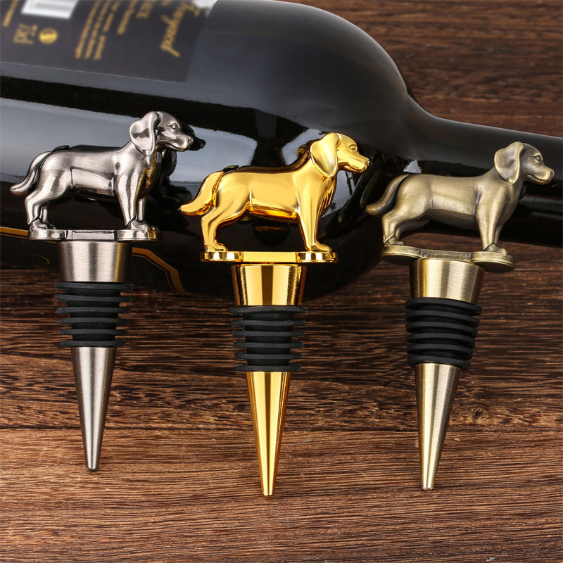 Novelty golden retriever wine bottle stoppers in silver, gold and bronze, dog themed wine accessories