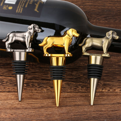 Novelty golden retriever wine bottle stoppers in silver, gold and bronze, dog themed wine accessories