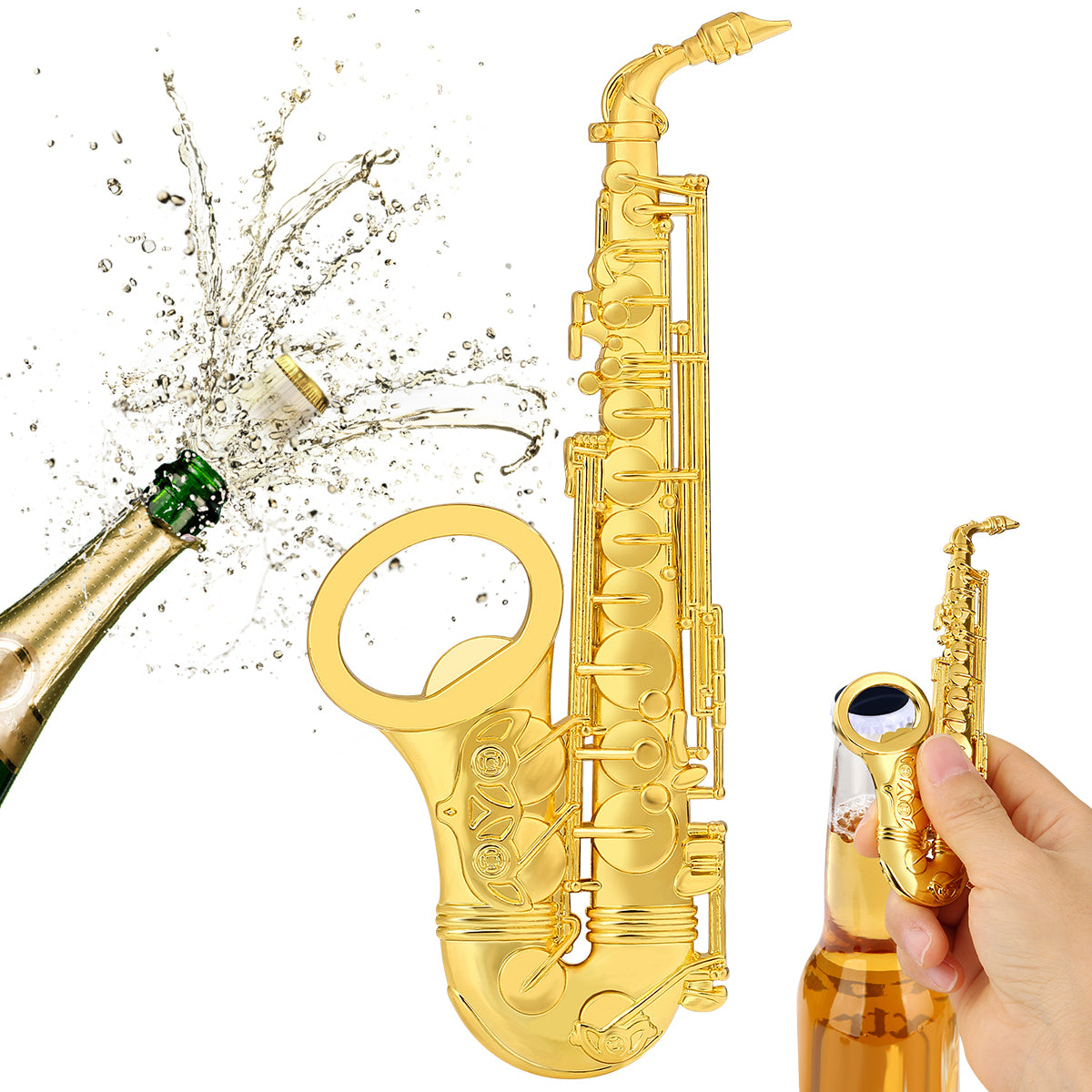 Polished gold saxophone shaped bottle opener, detailed music-themed metal beer opener for jazz bar decor