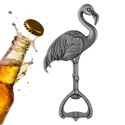 Portable flamingo beer bottle opener, retro metal barware accessory for kitchen and party
