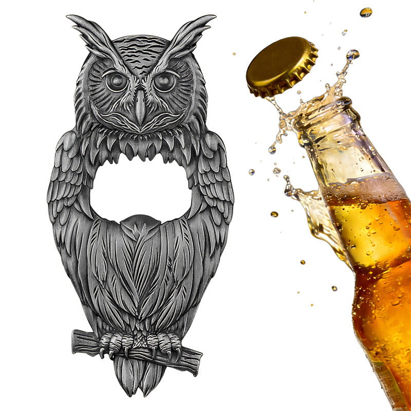Portable owl beer bottle opener, retro metal barware accessory for kitchen and party