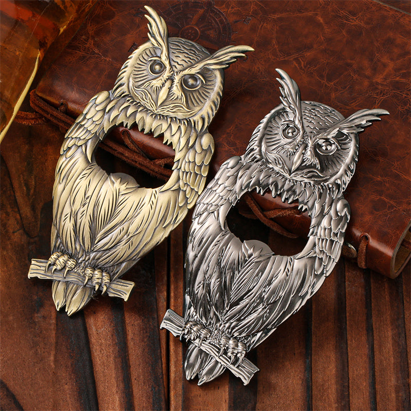 Rustic owl metal beer opener, multi-functional bottle cap remover for outdoor camping
