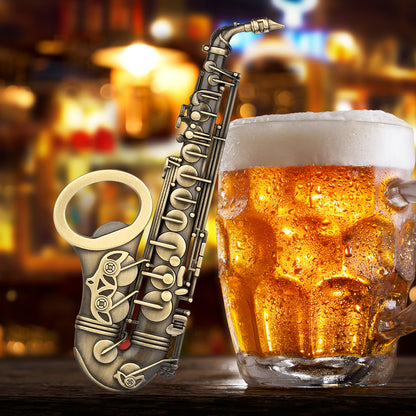 Saxophone bottle opener used to open a cold beer bottle at a jazz night party