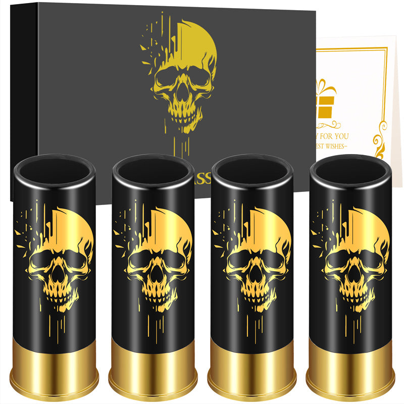 Skull shot glass set with gift box, 4pcs red black bullet shaped drinking glasses with golden skull design