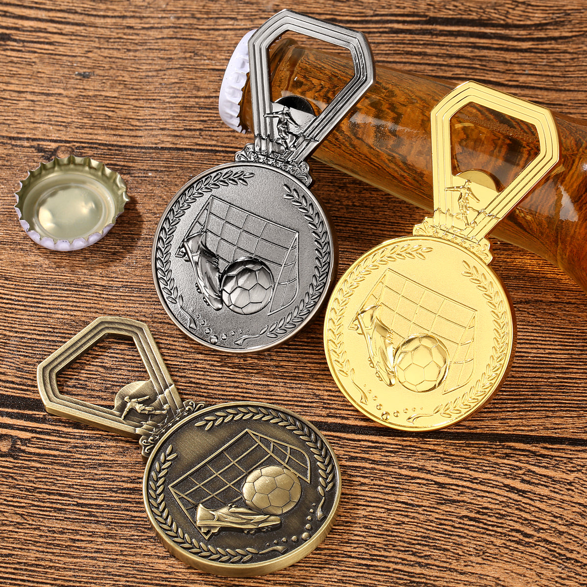 Soccer Fan Man Cave Decor, Medal Shaped Bottle Opener Bar Accessory