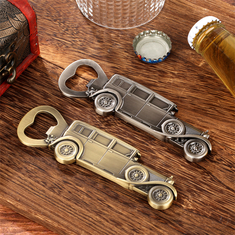 Two vintage car bottle openers in antique silver and bronze finishes, automotive-themed barware for beer lovers