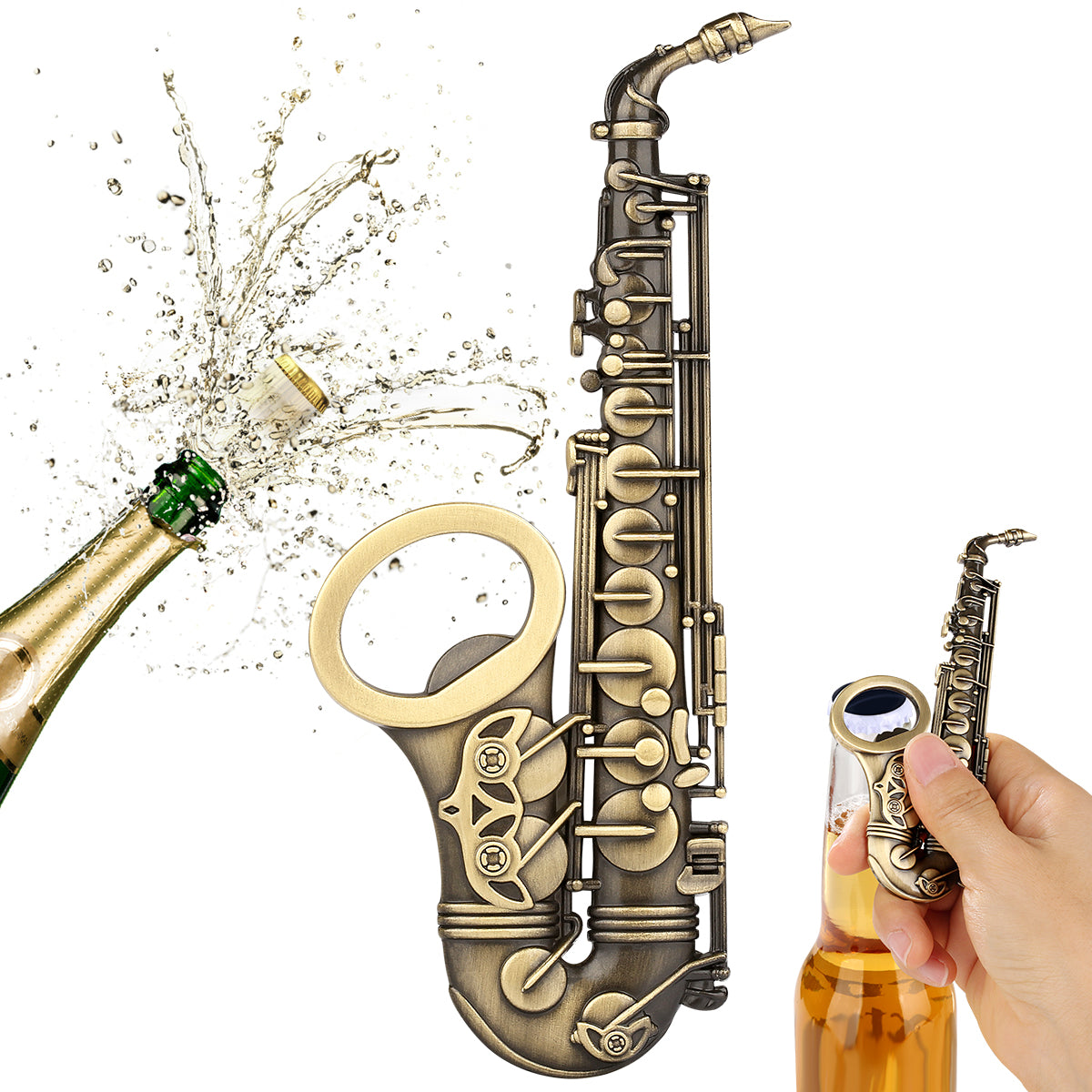 Vintage bronze saxophone beer opener, heavy-duty metal construction for home bar and music events
