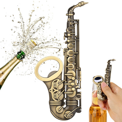 Vintage bronze saxophone beer opener, heavy-duty metal construction for home bar and music events
