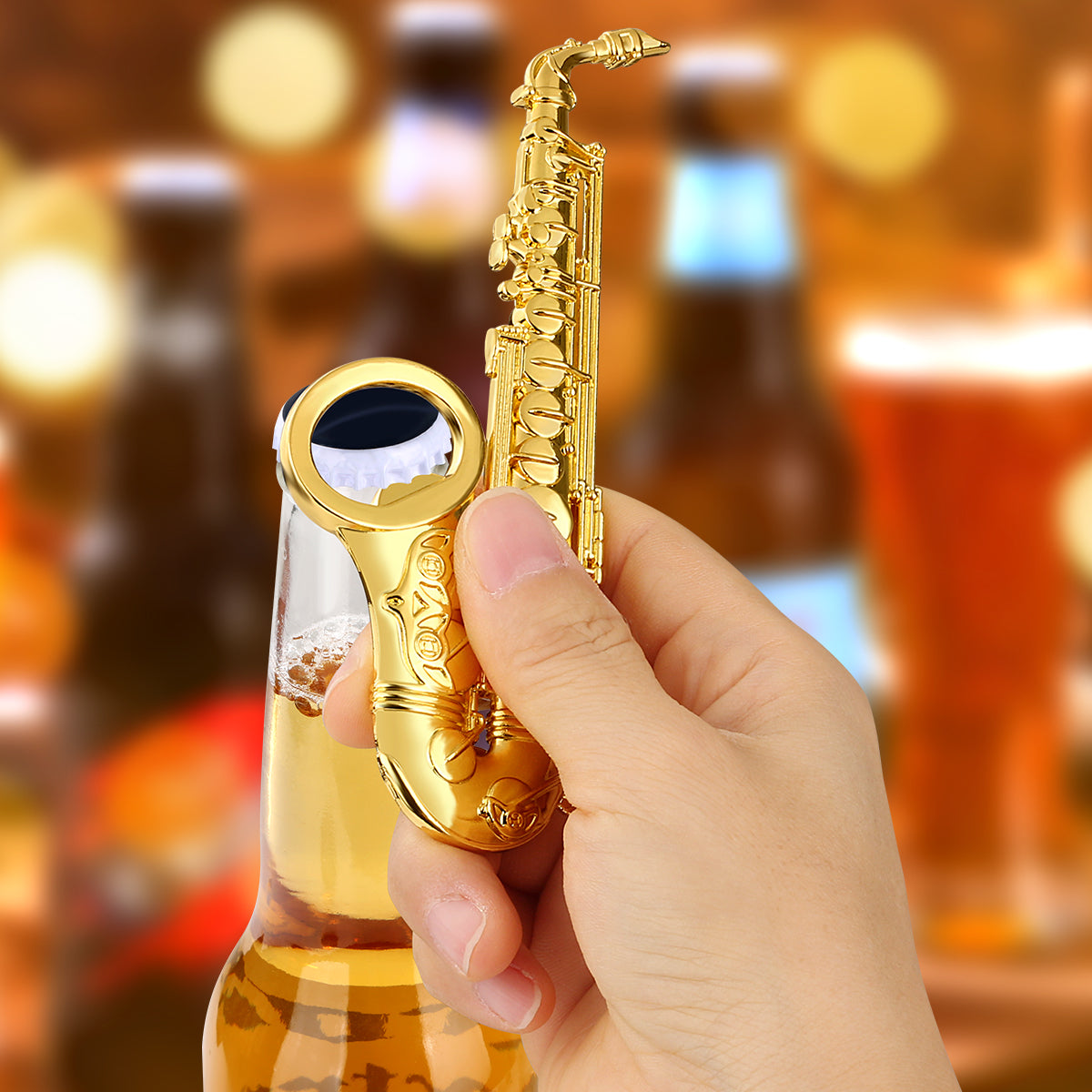 Vintage saxophone beer opener, heavy-duty metal construction for home bar and music events