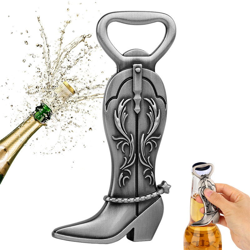 Western-themed cowboy boot bottle opener, ornate floral design, great gift for rodeo and country fans
