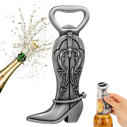 Western-themed cowboy boot bottle opener, ornate floral design, great gift for rodeo and country fans