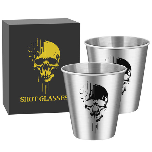 Gothic Whiskey Shot Glasses,Set of 2 Stainless Steel Skull Head Printed Small Tequila Liquor Cup,Bar Party Drinking Cup,Halloween Gift for Men