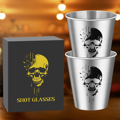 Gothic Whiskey Shot Glasses,Set of 2 Stainless Steel Skull Head Printed Small Tequila Liquor Cup,Bar Party Drinking Cup,Halloween Gift for Men