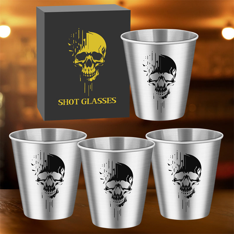 4pcs/set Stainless Steel Shot Glasses with Skull Designs,70Ml/2.39Oz Capacity Whiskey Glasses,Suitable for Kitchen, Restaurant, Bar Parties,Outdoor Picnic,Hunting,Ideal for Tequila, Vodka, Liqueurs,Creative Gifts for Father's Day, Halloween and Christmas