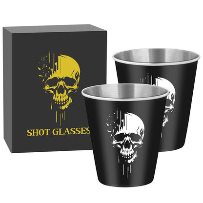 Gothic Whiskey Shot Glasses,Set of 2 Stainless Steel Skull Head Printed Small Tequila Liquor Cup,Bar Party Drinking Cup,Halloween Gift for Men