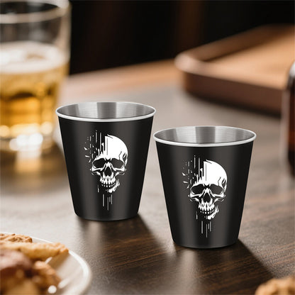 Gothic Whiskey Shot Glasses,Set of 2 Stainless Steel Skull Head Printed Small Tequila Liquor Cup,Bar Party Drinking Cup,Halloween Gift for Men