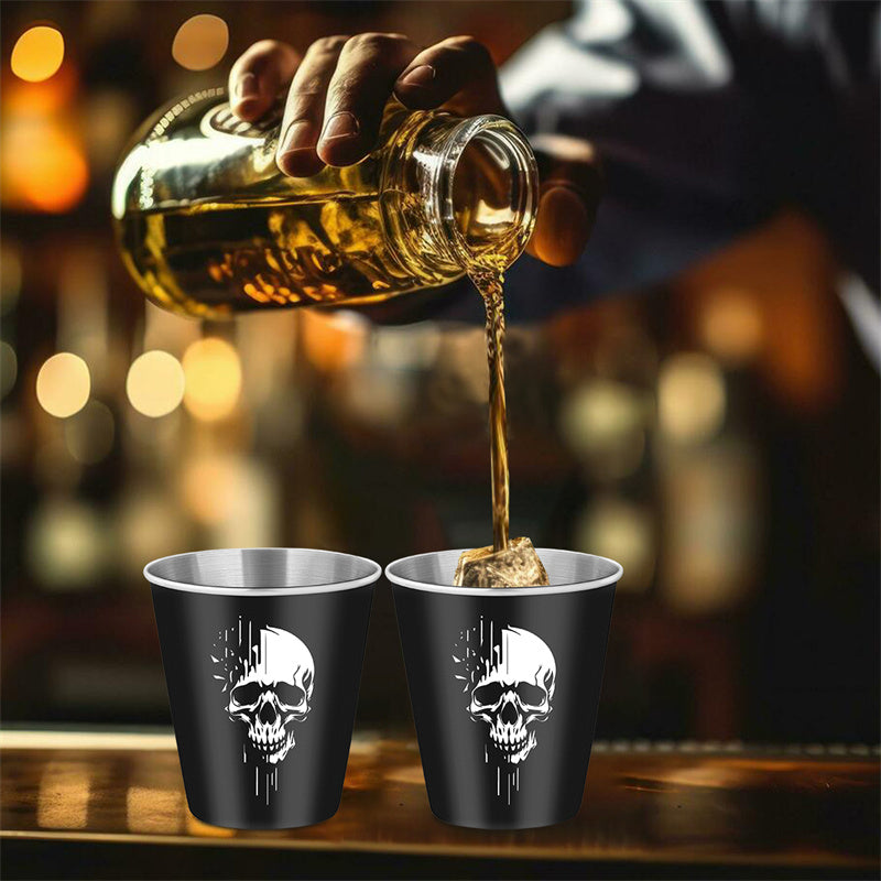 Gothic Whiskey Shot Glasses,Set of 2 Stainless Steel Skull Head Printed Small Tequila Liquor Cup,Bar Party Drinking Cup,Halloween Gift for Men