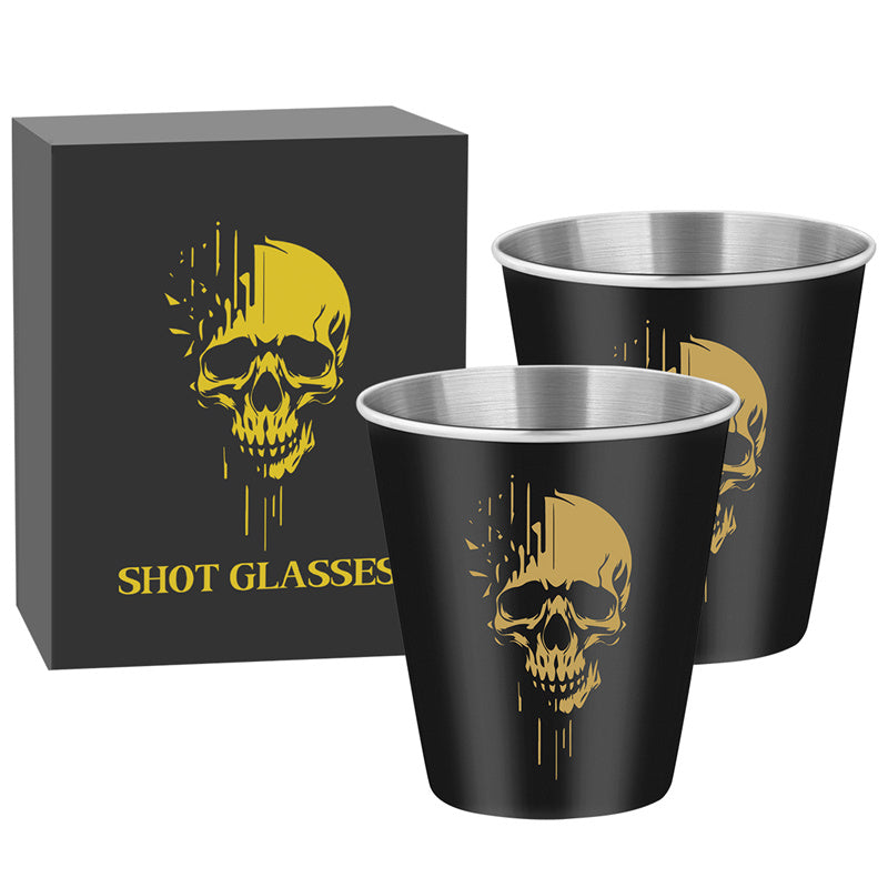 Gothic Whiskey Shot Glasses,Set of 2 Stainless Steel Skull Head Printed Small Tequila Liquor Cup,Bar Party Drinking Cup,Halloween Gift for Men