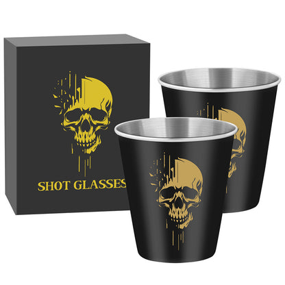 Gothic Whiskey Shot Glasses,Set of 2 Stainless Steel Skull Head Printed Small Tequila Liquor Cup,Bar Party Drinking Cup,Halloween Gift for Men