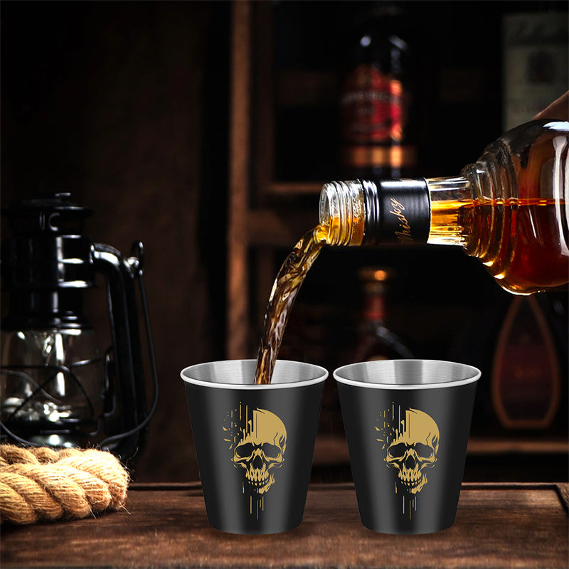 Gothic Whiskey Shot Glasses,Set of 2 Stainless Steel Skull Head Printed Small Tequila Liquor Cup,Bar Party Drinking Cup,Halloween Gift for Men