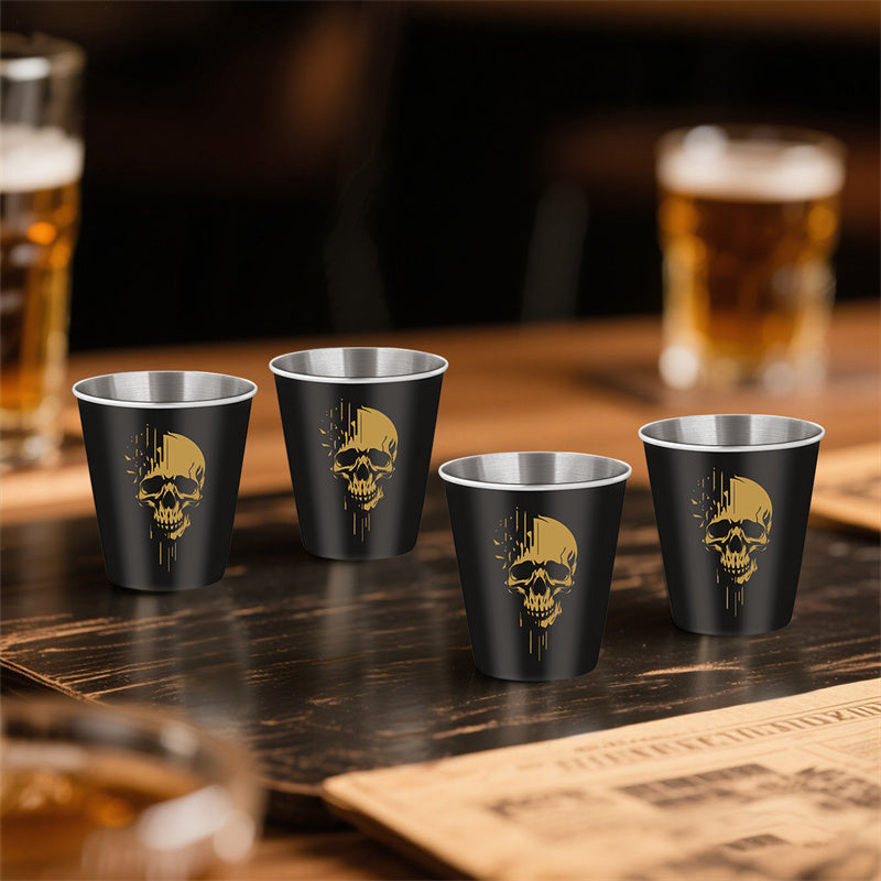 4pcs/set Stainless Steel Shot Glasses with Skull Designs,70Ml/2.39Oz Capacity Whiskey Glasses,Suitable for Kitchen, Restaurant, Bar Parties,Outdoor Picnic,Hunting,Ideal for Tequila, Vodka, Liqueurs,Creative Gifts for Father's Day, Halloween and Christmas