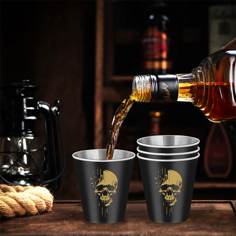 4pcs/set Stainless Steel Shot Glasses with Skull Designs,70Ml/2.39Oz Capacity Whiskey Glasses,Suitable for Kitchen, Restaurant, Bar Parties,Outdoor Picnic,Hunting,Ideal for Tequila, Vodka, Liqueurs,Creative Gifts for Father's Day, Halloween and Christmas