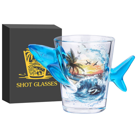 Novelty Shark-Shaped Shot Glasses with Tropical Beach Printed - 1.71oz Creative Whiskey Tequila Shot Glasses for Bar, Party,Ocean Series Cup Gift